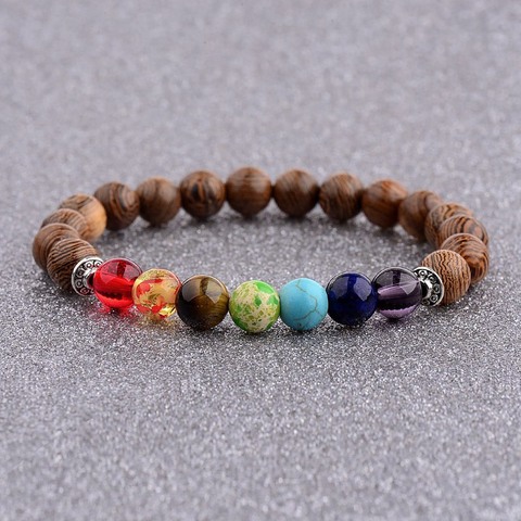 Bracelet en bois naturel de prière des 7 chakras pour hommes et femmes, méditation, bouddha et éléphant, Yoga, WABJ002 ► Photo 1/6