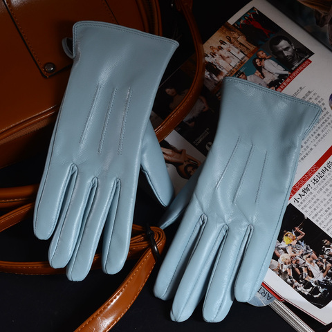 Femmes dames 100% cuir véritable peau de mouton hiver chaud doublure épaisse blanc gants colorés bleu mignon extérieur gants courts ► Photo 1/6