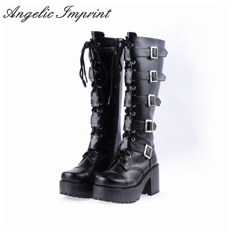 Bottes de Cosplay à plateforme en cuir noir pour femmes, bottes japonaises Harajuku à talons épais, avec bretelles à boucle, bottes hautes gothiques Punk ► Photo 1/6