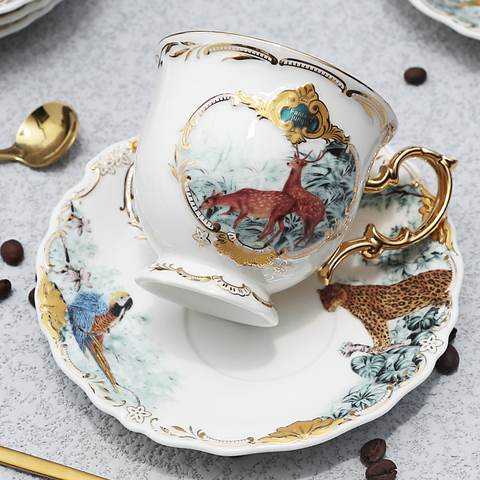 Ensemble de tasses à café et soucoupes en porcelaine, en forme d'animal de la jungle, style oiseau et singe, en os doré, nouvelle collection ► Photo 1/5