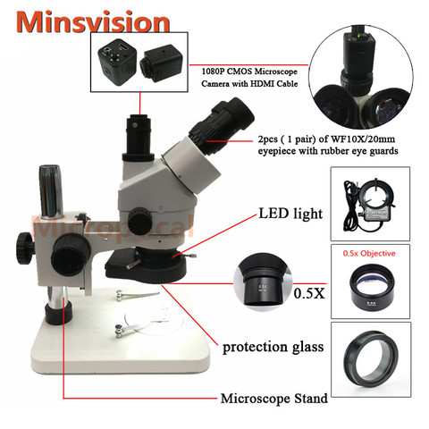 Minsvision 1080 p HDMI appareil photo numérique 7-45X trinoculaire stéréo microscope LED réglable lumière source téléphone réparation ► Photo 1/6