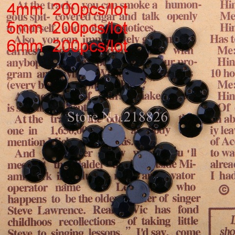 Strass rond noir acrylique avec 2 trous, à coudre, à dos plat, perles de cristal, 4mm / 5mm/6mm, 200 pièces/paquet ► Photo 1/2