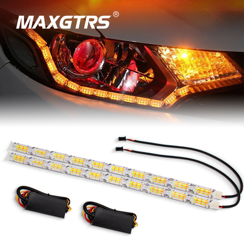 Feu de jour Flexible DRL pour voiture, 2 pièces, bande LED, blanc/ambre, clignotant à flux séquentiel, étanche ► Photo 1/6