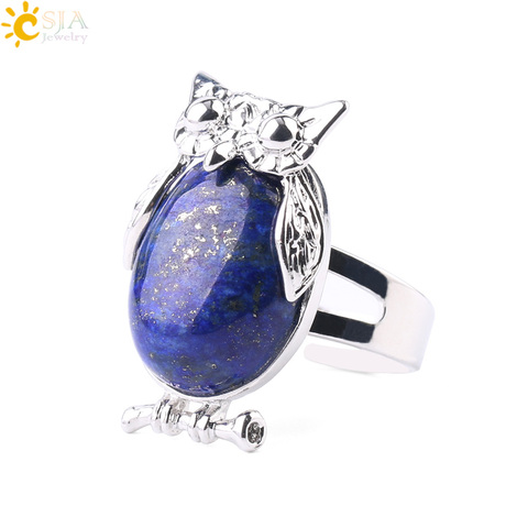 CSJA – bague en forme de hibou pour femmes, bijoux de fête, Cabochon en pierre naturelle, perles réglables, couleur argent, breloque Animal mignon, F566 ► Photo 1/6