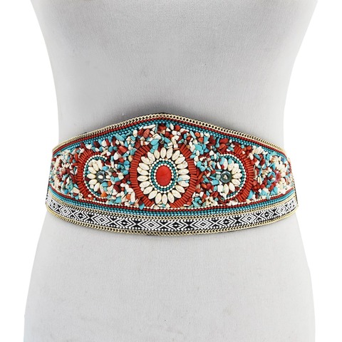 Ceinture élastique ethnique pour femmes, style Boho, perles en résine colorées, large, pour robe, gitane, turquie, chaîne de taille, bijoux indiens ► Photo 1/6