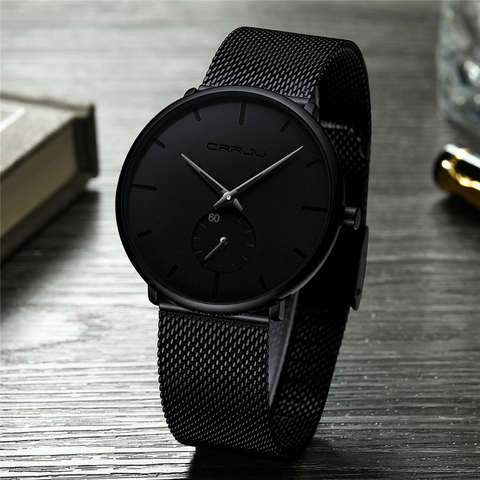 Montre-bracelet à Quartz pour hommes, Ultra mince, en acier inoxydable, noir, design japonais ► Photo 1/5