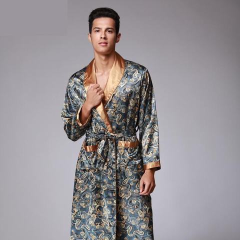 Hommes été Paisley imprimer Robes en soie mâle Senior Satin vêtements de nuit pyjamas longue Kimono robe de chambre peignoir pour homme ► Photo 1/6