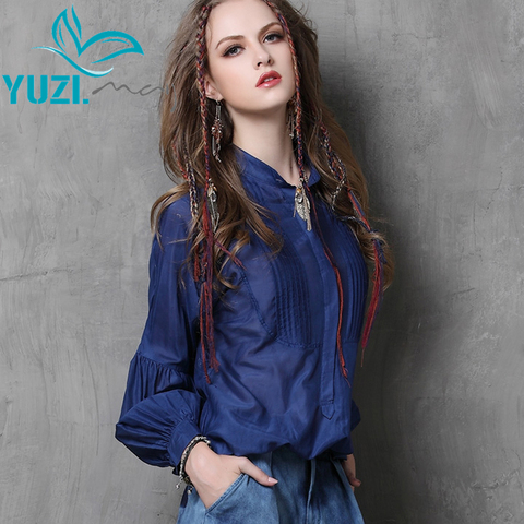 Blusa Feminina, Yuzi, chemisier en soie, Vintage, manches lanterne, col montant, hauts pour femme, B9535, à la mode, automne 2017 ► Photo 1/1