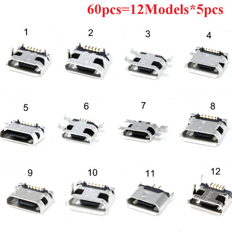 60 pcs/lot 5 broches SMT prise connecteur Micro USB type B Placement femelle 12 modèles SMD DIP prise connecteur ► Photo 1/6