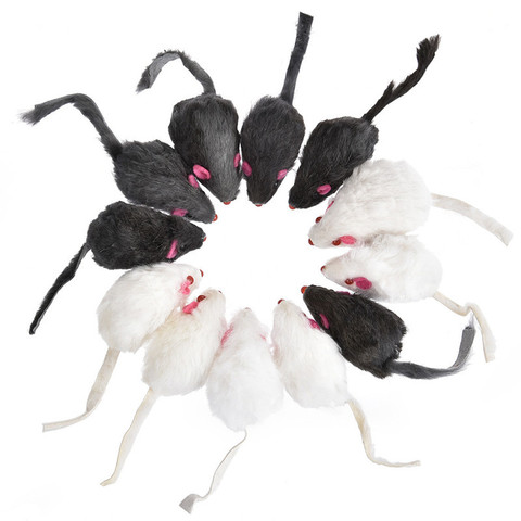 12 pièces chat jouet souris vraie fourrure mixte chargé noir blanc souris jouets chat Teaser Kitty chaton drôle son grinçant jouets pour les chats ► Photo 1/6