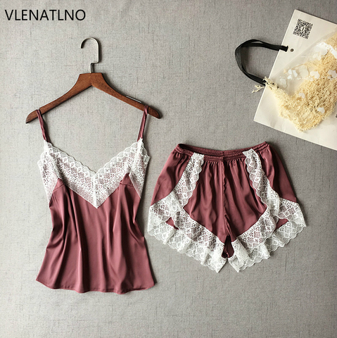 VLENATLNO – pyjama en Satin pour femmes, vêtements de nuit, Sexy, dentelle blanche, col en v, sans manches, mignon, Top et short ► Photo 1/6