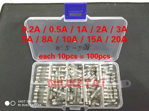 Kit de mélange de fusibles électriques 5x20mm, 100 pièces, verre à soufflage rapide, assortiment avec boîte 0,2a 0,5a 1A 2A 3A 5A 8A 10A 15A 20A ► Photo 1/4