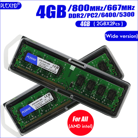 Mémoire pour ordinateur de bureau PLEXHD Module mémoire mémoire vive DDR2 800 PC2 6400 4GB (2 pièces * 2 GB) Compatible DDR2 800 MHz/667 MHz (version large) ► Photo 1/6
