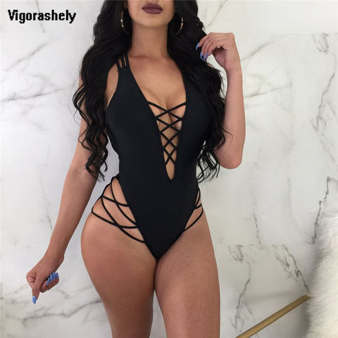 Vigorashely Sexy String maille une pièce maillot de bain noir col en V profond maillot de bain Monokini femmes brésilien 2022 plage maillot de bain ► Photo 1/6