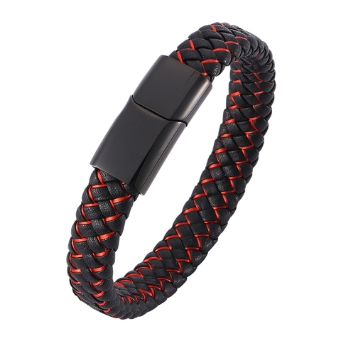 Bracelet en cuir à tissage mixte pour hommes, bijou à fermoir magnétique en acier inoxydable, noir, rouge, SP0013 ► Photo 1/6