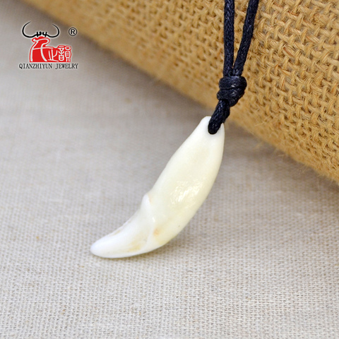 Collier pendentif en os pour homme et femme, amulette tibétaine, crocs, vraie dent naturelle, Vintage, dent de loup tibétain, blanc, marron, écru ► Photo 1/6