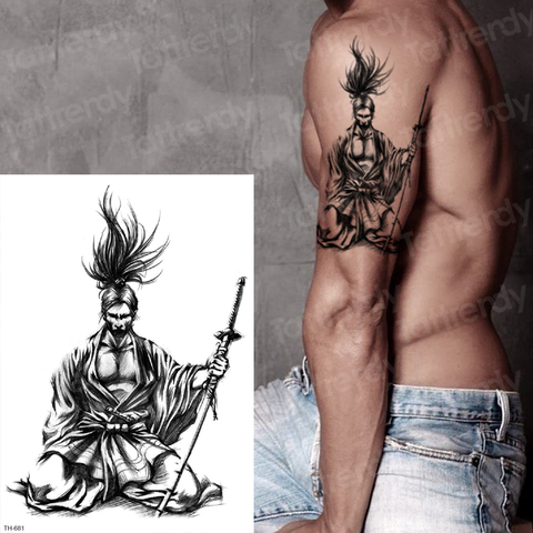Tatouages de samouraï japonais croquis noirs dessins de tatouage tatouages temporaires pour hommes bras manches épaule autocollant de tatouage temporaire ► Photo 1/6