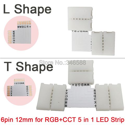 Lot de 5 connecteurs RGB + CCT en forme de L ou de T, 6 broches, 12mm, sans soudure, facile à souder, pour bande LED ► Photo 1/1