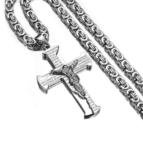 Collier de croix de jésus Crucifixion pour hommes et femmes, pendentif en acier inoxydable de couleur noire et argent, chaîne de Byzanine ► Photo 1/6