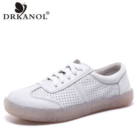 DRKANOL chaussures à la main femmes chaussures plates en cuir véritable chaussures plates été respirant trou à lacets femmes enceintes chaussures décontractées taille 41 ► Photo 1/6