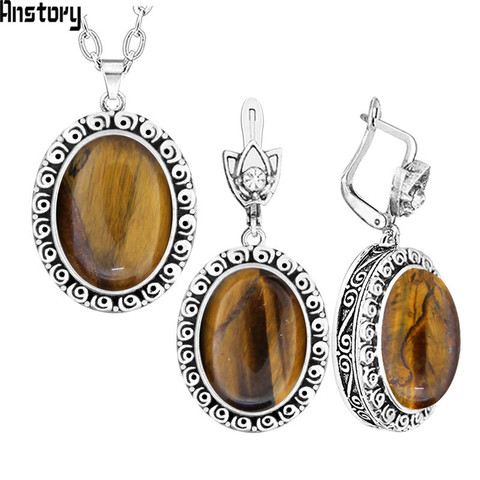 Ovale Naturel Oeil de Tigre Pierre Ensemble de Bijoux Pour Les Femmes Escargot Fleur Antique Argent Plaqué Collier Boucles D'oreilles Mode Bijoux TS408 ► Photo 1/6