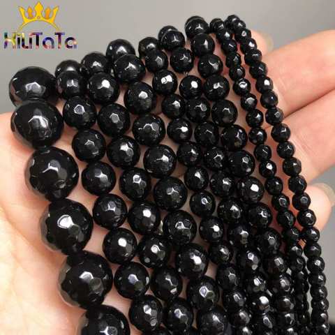 Perles en pierre d'onyx Agates noires à facettes naturelles, rondes, amples, pour la fabrication de bijoux, Bracelet 15 '', brin 4/6/8/10/12mm ► Photo 1/6