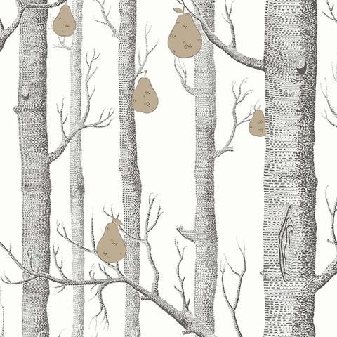Tapisserie contemporaine restylée bois et peelings, papier peint scandinave, arbres de bouleau gris, avec poires jaunes, FC48001 ► Photo 1/6