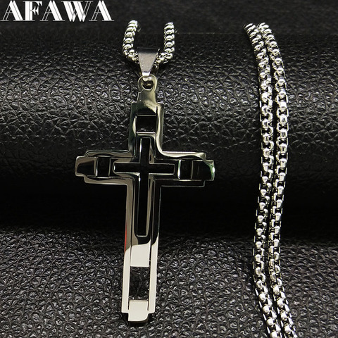 2022 mode croix en acier inoxydable collier pour hommes couleur argent colliers pendentifs bijoux acero inoxydable N18798 ► Photo 1/6