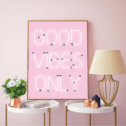 Good Vibes – affiche lumineuse néon imprimée avec citation Positive rose, peinture sur toile murale, décoration de maison ► Photo 1/6
