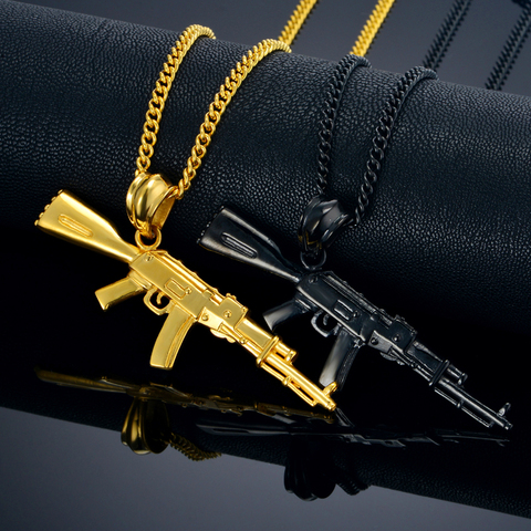 Collier pistolet AK47, pendentif Hip Hop pour hommes et femmes, bijoux pour hommes, en acier inoxydable noir/or, avec chaîne Hip Hop ► Photo 1/6