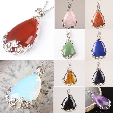 2017 Cadeau Lapis Violet Cristal Aventurine Opale Cornaline Onyx Rose Rose Quartz Larme Incrusté Alliage Fleur Pendentif 1 PCS ► Photo 1/6