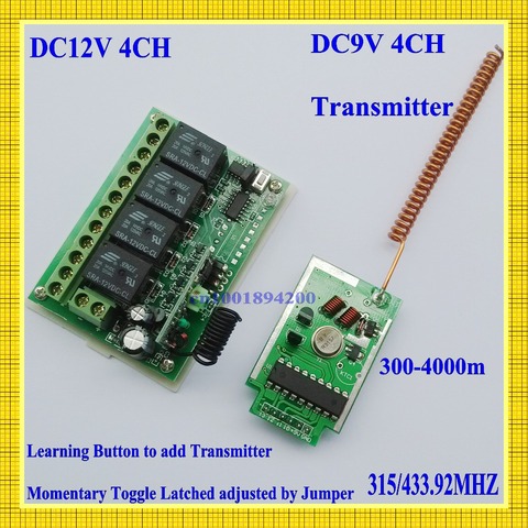 Module émetteur longue portée DC9V 4CH télécommande 300-4000m + DC12V 4CH relais récepteur Code d'apprentissage M T L 315/433MHZ ► Photo 1/6