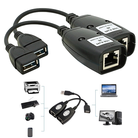Elisona – adaptateur d'extension de câble USB vers RJ45 RJ 45 LAN, 2 pièces, cordon de raccordement Cat5 RJ45 Cat6, accessoires réseau noirs ► Photo 1/5