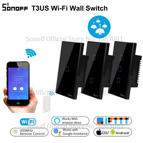 SONOFF T3 Smart Wifi applique murale US interrupteur noir 120 Type avec bordure 1/2/3 Gang 433 RF/APP/Touch Control fonctionne avec Google Home ► Photo 1/6