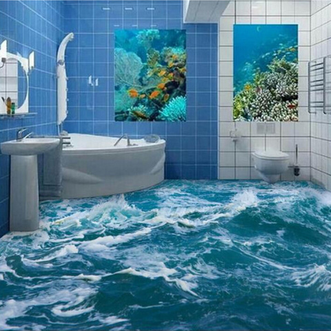 Personnalisé 3D Peinture Murale De-Chaussée Papier Peint Mer Vague D'eau Salle De Bains 3D Peinture Murale De-Chaussée PVC Étanche Auto-adhésif Papier Peint En Vinyle Maison décor ► Photo 1/6