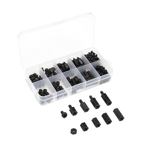 180 pièces noir M3 Nylon entretoises hexagonales mâle/femelle vis écrous Kit Stand-off avec boîte en plastique pour électronique PC Board ► Photo 1/6