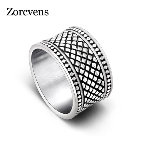 ZORCVENS-bague en acier titane avec grille couleur argent, large Version, tendance, pour hommes et femmes ► Photo 1/6