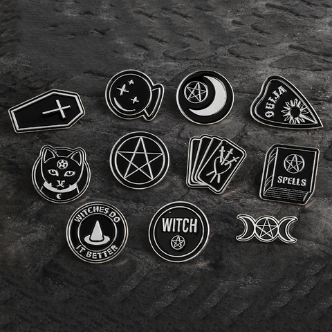 Accessoires de fête d'halloween Punk noir foncé Ouija lune dague coeur boule de cristal sorts sorcières cercueil émail épinglette Badge ► Photo 1/6