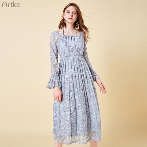 ARTKA 2022 été femmes dentelle maille robe coton à manches longues mince Sexy col en V Style bohème longue robe dame robes LA15093C ► Photo 1/1