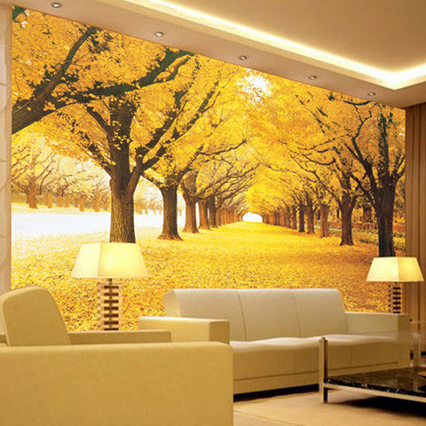 Papier peint Mural 3D personnalisé, décoration naturelle, automne, forêt jaune, feuilles recouvertes ► Photo 1/6