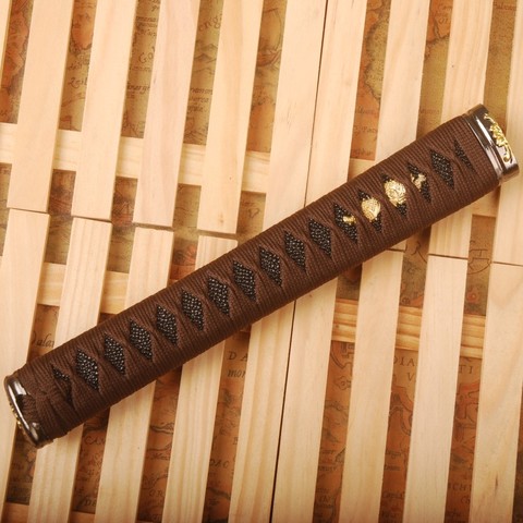 Raccord droit Tsuka en soie marron Ito & imitation peau de rayonne noire et alliage Fuchi pashira pour manche Katana épée japonaise HS11 ► Photo 1/6