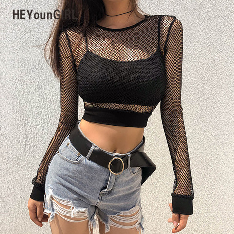 HEYounGIRL Sexy maille culture hauts t-shirt Femme évider noir t-shirt femmes voir creux à manches longues Streetwear résille t-shirt ► Photo 1/6