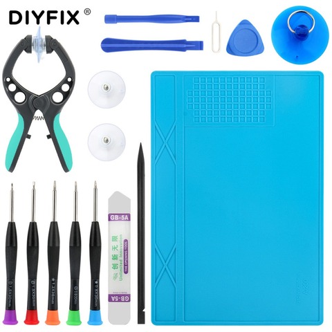 DIYFIX Kit de tournevis d'ouverture téléphone, 14 en 1, coussin en Silicone à isolation thermique pour le soudage de téléphones portables ► Photo 1/6