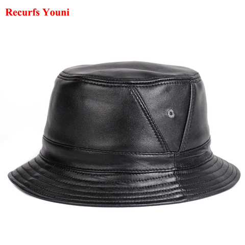 RY995 – chapeau de seau plat en cuir véritable pour homme, casquette de pêche, en pot, à bord court, noir/marron, Hip hop, pour personnes âgées, nouvelle collection ► Photo 1/5