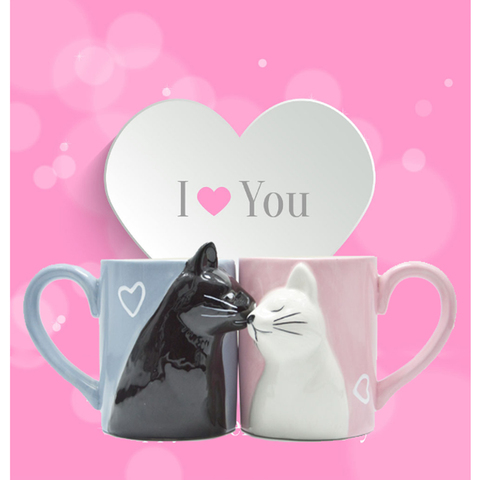 Tasse à chat stéréo en céramique, 2 pièces, pour chat, rose et bleu, cadeau de saint-valentin, mariage, pendaison de crémaillère, 2 pièces ► Photo 1/6