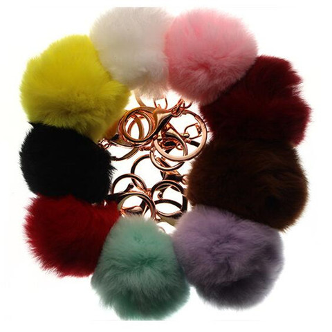 Porte-clés en fourrure de lapin artificielle moelleuse, 6-8cm, 16 couleurs, porte-clés, crème mignonne, pompon noir, pour sac de voiture de femmes ► Photo 1/6