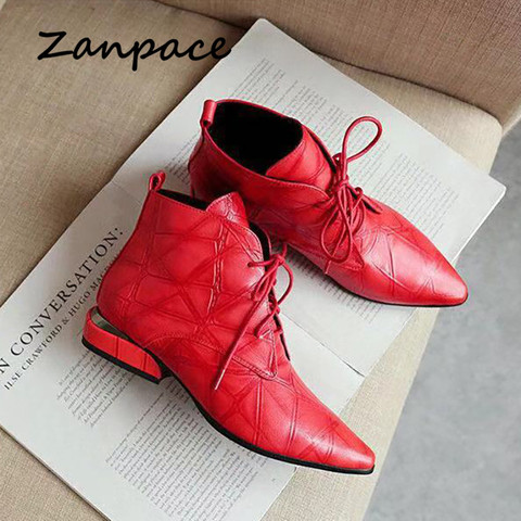 Zanpace femmes bottes mode bottines pour femmes bout pointu à lacets femmes chaussures à talons bas en cuir bottes décontracté noir rouge bottes ► Photo 1/6