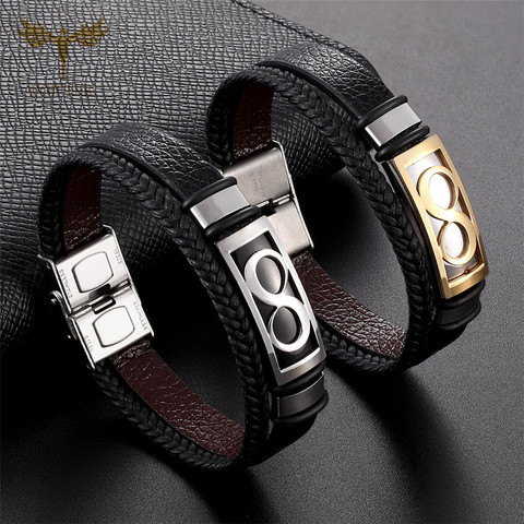 Bracelets en cuir noir infini pour Couple hommes femmes Multi couche en cuir tissé Bracelet en acier inoxydable manchette Bracelet bijoux ► Photo 1/6