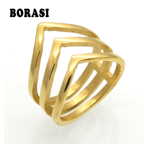Promotion vente BORASI mode anneau couleur dorée en acier inoxydable bijoux mode trois V forme Design anneau pour les femmes ► Photo 1/4