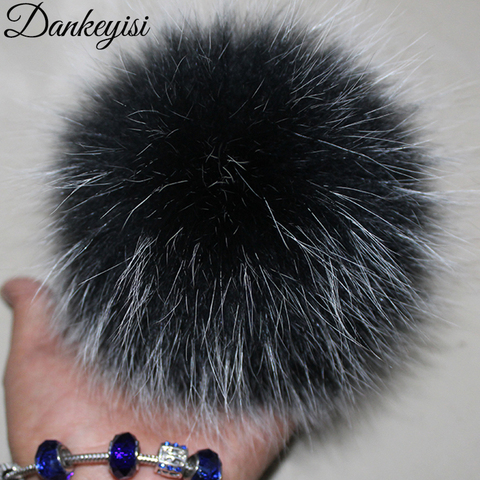 Pompons en vraie fourrure de renard avec bouton, 13-15cm, bricolage, boules de fourrure naturelle, pour écharpes, chapeaux, sacs, accessoires ► Photo 1/6